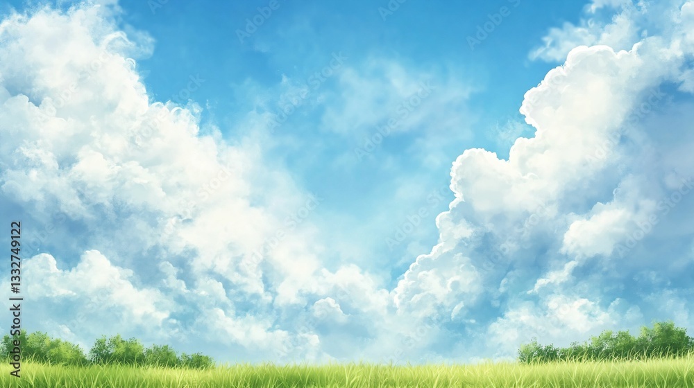 Obraz premium Scenic Blue Sky with Fluffy Clouds and Lush Green Grass Landscape