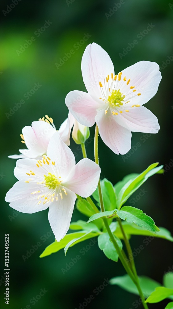 Obraz premium Delicate White Flowers with Yellow Stamen Against Green Background