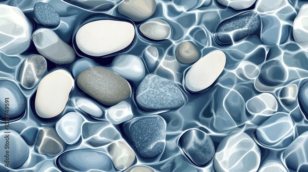 Seamless Pattern of River Stones with Clear Flowing Water Reflections in Shades of Blue and Gray, Ideal for Textiles and Backgrounds Seamless Pattern of River Stones with Clear Flowing Water Reflections in Shades of Blue and Gray, Ideal for Textiles and Backgrounds