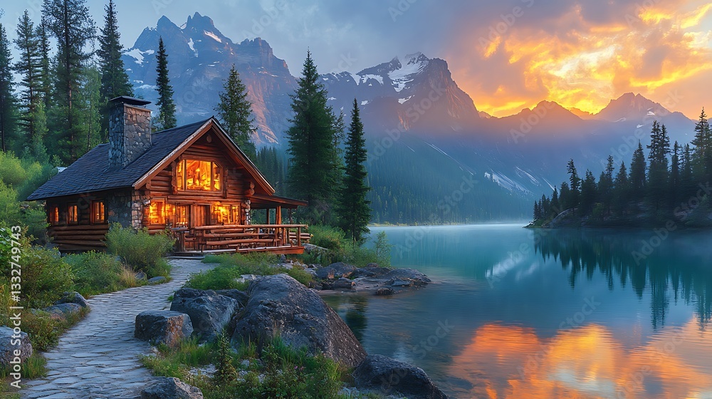 Naklejka premium Peaceful Cabin Lake Mountain Getaway high resolution hd background