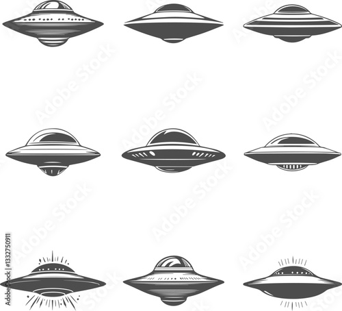 Set illustrations of flying saucer isolated on transparent background. Vector graphics