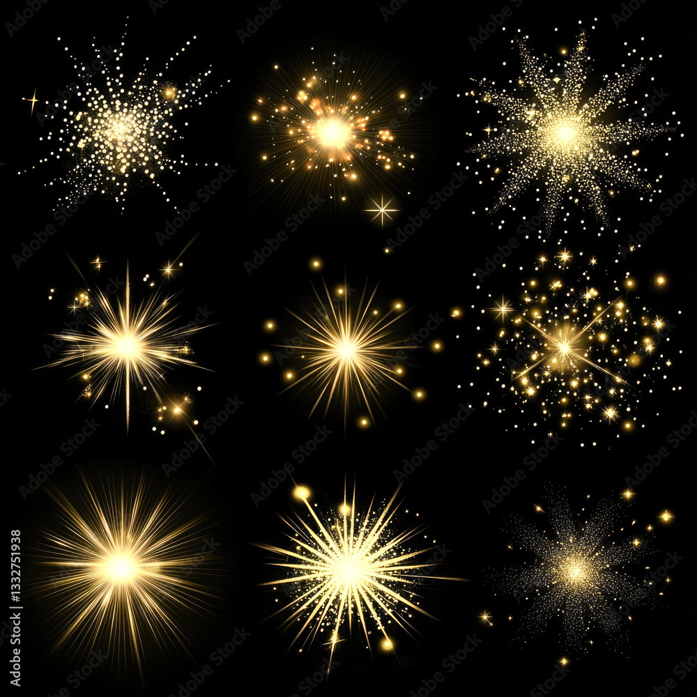 Naklejka premium Golden firework bursts on black background in nine unique patterns