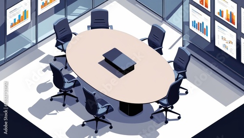 Oval meeting table in modern glass-walled office