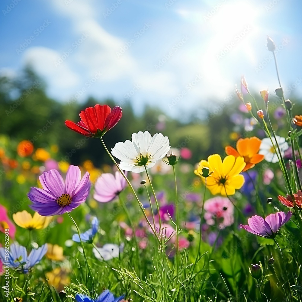 Colorful Flower Field Under Bright Sunshine in Spring Season