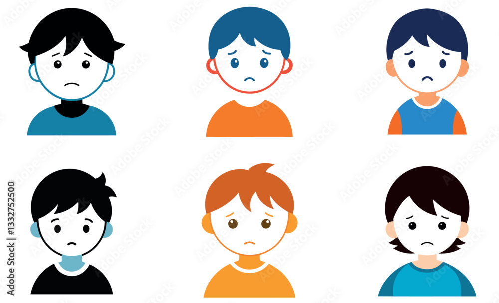 Sad Boy Child Icon Set, Emotional Expressions, Cartoon Illustration Sad Boy Child Icon Set, Emotional Expressions, Cartoon Illustration