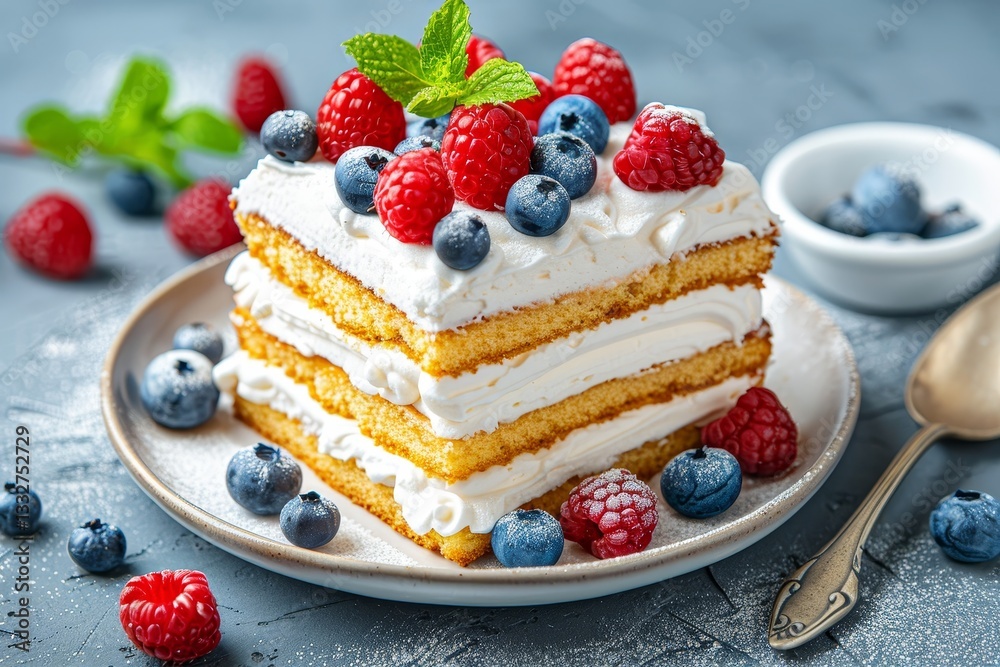 Delicious close up of a cake garnished with whipped cream, blueberries, and raspberries on a plate