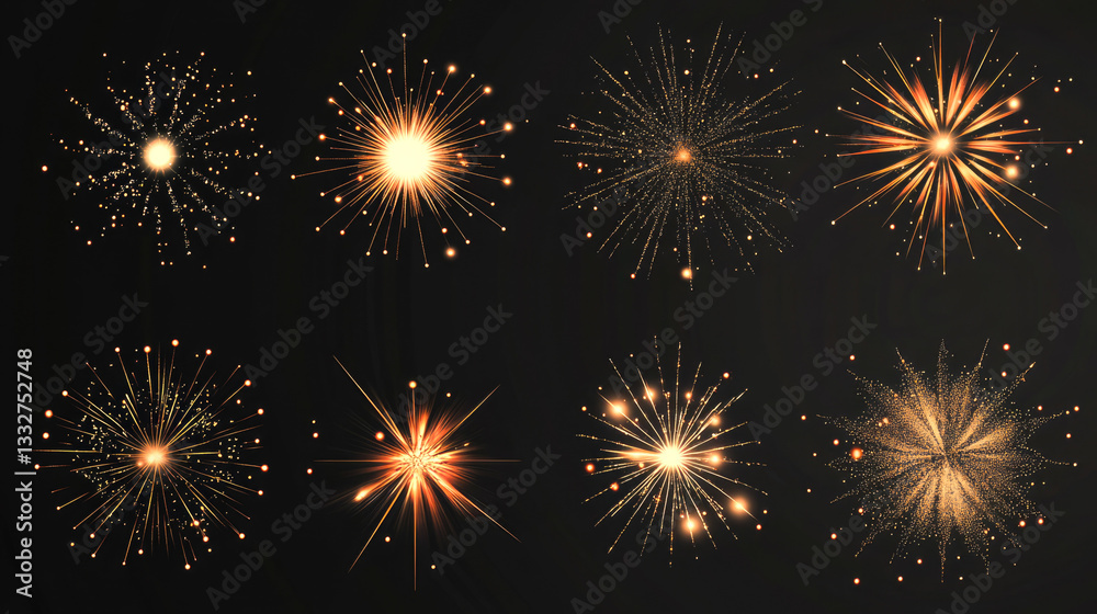 Fototapeta premium Various bright fireworks bursting in dark sky with golden sparks and radiant patterns