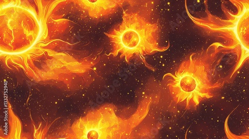 Seamless Stylized Pattern of Solar Flares and Coronal Features Set Against a Dark Space Background, Vivid and Energetic Design for Various Applications