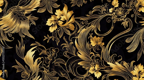 Detailed Thai Lai Rod Nam Inspired Seamless High Fidelity Pattern of Elegant Floral Motifs in Gold on a Black Background
