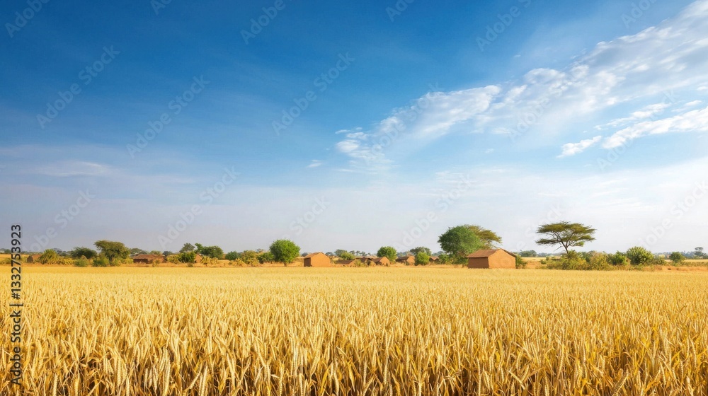 Obraz premium Expansive Golden Field Under Bright Blue Sky with Distant Huts
