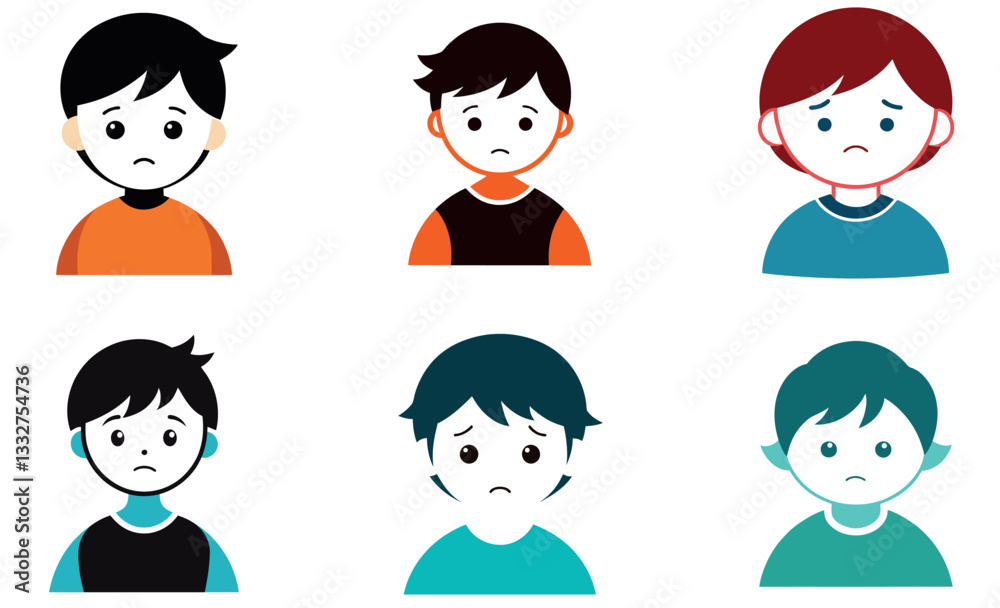 Sad Boy Child Icon Set, Emotional Expressions, Cartoon Illustration Sad Boy Child Icon Set, Emotional Expressions, Cartoon Illustration