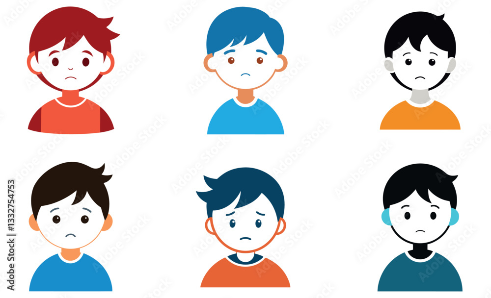 Sad Boy Child Icon Set, Emotional Expressions, Cartoon Illustration Sad Boy Child Icon Set, Emotional Expressions, Cartoon Illustration