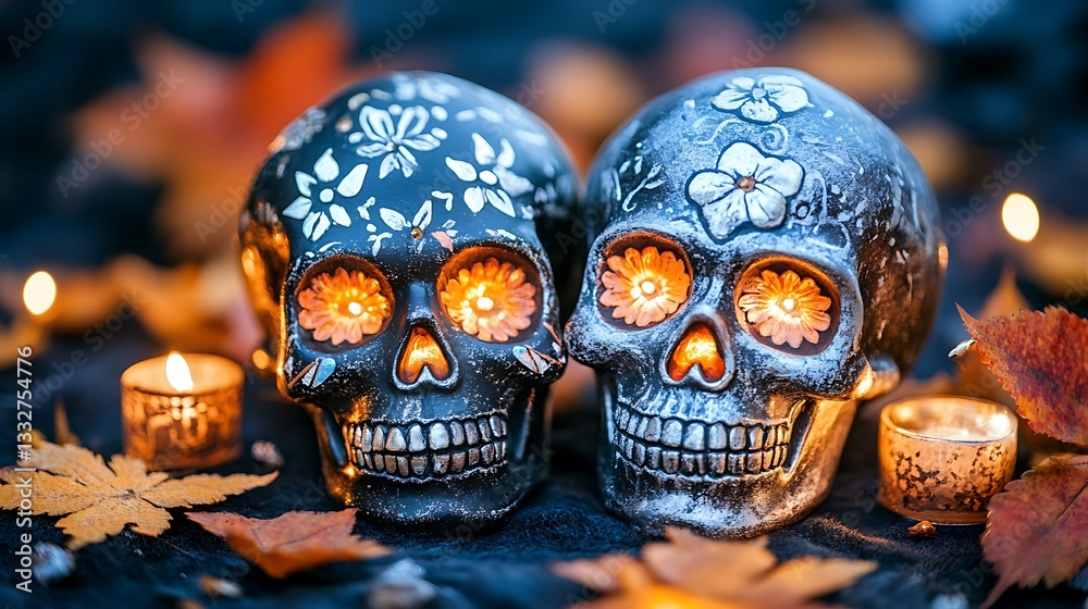 Two decorated skull figures with lit eyes and candles shown Two decorated skull figures with lit eyes and candles shown