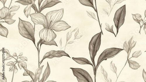 Vintage Botanical Seamless Pattern Illustrations with Delicate Flower and Leaf Designs on a Soft Beige Background for Elegant Decor