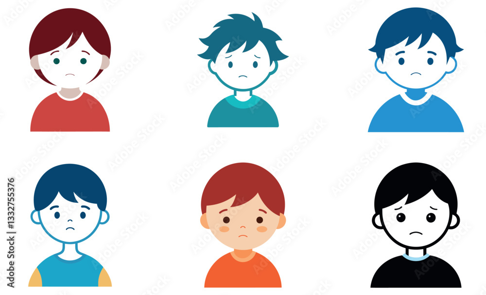 Sad Boy Child Icon Set, Emotional Expressions, Cartoon Illustration Sad Boy Child Icon Set, Emotional Expressions, Cartoon Illustration