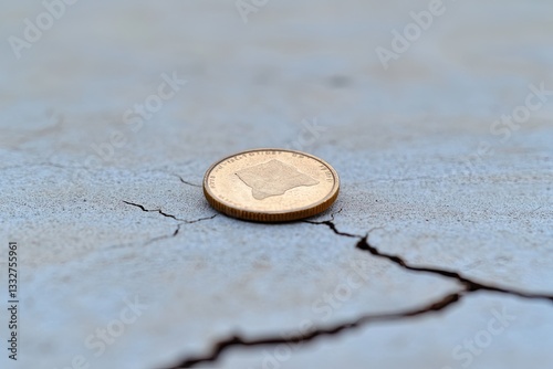worn solitary coin rests on weathered cracked surface symbolizing erosion of purchasing power
