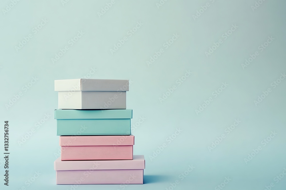 Fototapeta premium Four pastel-colored boxes stacked on light blue background