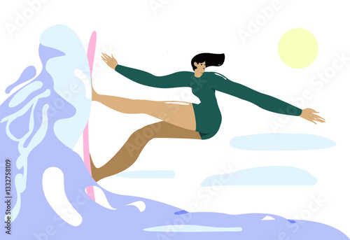 Woman standing on surfboard at sea or ocean wave vector flat illustration. Happy sportswoman enjoying active lifestyle isolated on white. Female surfer in swimsuit doing extreme sports.