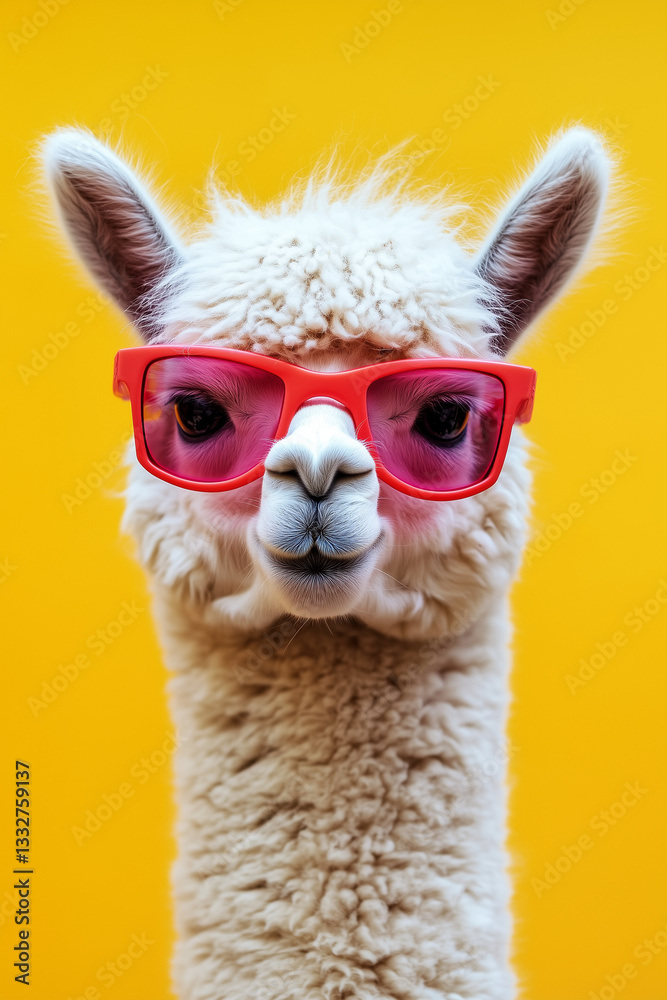 Fototapeta premium Cute alpaca wearing glasses on color background.