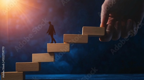 A silhouette of a man climbing wooden stairs towards the light