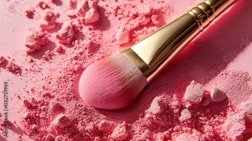 Close up of a gold makeup brush picking up pink blush or eyeshadow powder, showcasing beauty products and tools