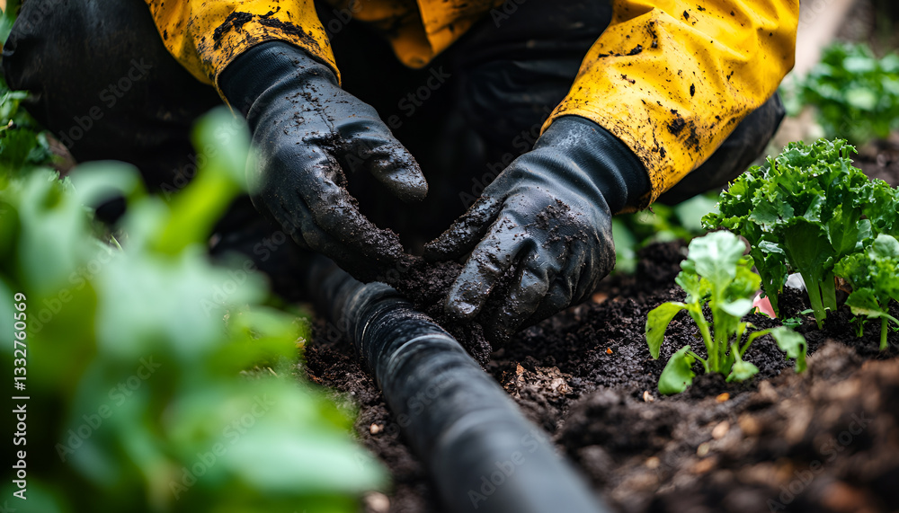 Landscaper Installing Drainage Pipe in Garden with Focus on DIY Construction, Outdoor Maintenance, Efficient Gardening Solutions Landscaper Installing Drainage Pipe in Garden with Focus on DIY Construction, Outdoor Maintenance, Efficient Gardening Solutions
