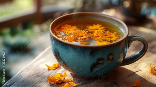 Calendula flowers steeping in hot herbal tea, emanating natural healing properties within rustic ceramic mug
