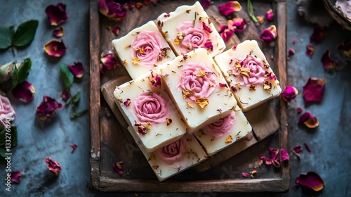Handcrafted soap bars adorned with delicate pink rose petals resting on weathered wooden surface, evoking serene bathing experience
