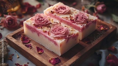 Delicate pink and white rose shaped soaps resting on wooden tray, surrounded by scattered dried rose petals, evoking elegant bathroom decor