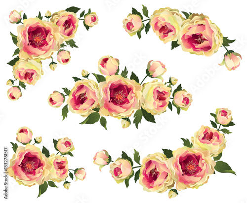 A bouquet of vintage roses, created with rose petals and bud flowers. Luxurious and magnificent flowers. Vector design horizontal bouquet. Spring wedding flowers. Floral banner. Isolated and editable