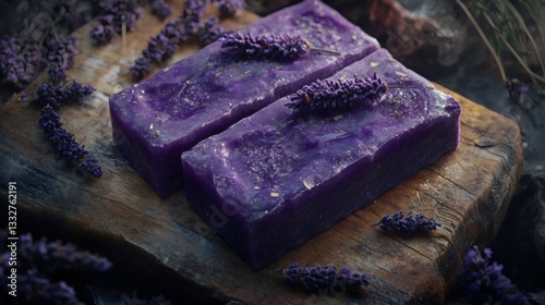 Two bars of purple lavender soap sit on a wooden board, adorned with sprigs of lavender, creating a relaxing spa atmosphere