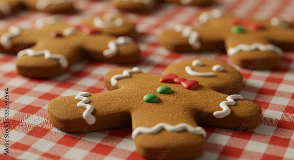 Delicious Gingerbread Men Cookies - Close-up of several gingerbread men cookies on a red and white checkered tablecloth. Sweet holiday treat Delicious Gingerbread Men Cookies - Close-up of several gingerbread men cookies on a red and white checkered tablecloth. Sweet holiday treat
