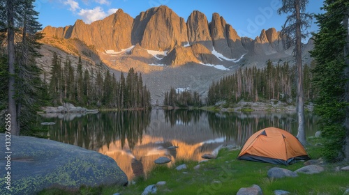 Fototapeta Naklejka Na Ścianę i Meble -  Scenic mountain lake campsite with an orange tent at sunset