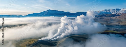 Aerial View of Majestic Volcano Erupting Steam and Smoke in Landscape