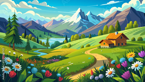 Idyllic landscape in the Alps with blooming meadows in summer