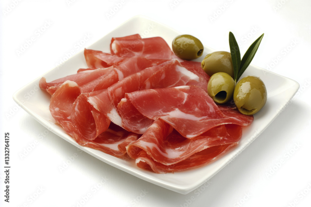 Thinly sliced Jamon Iberico with rich fat marbling, served with olives and crusty bread, showcasing its glossy texture and savory flavor, traditional Spanish dish Thinly sliced Jamon Iberico with rich fat marbling, served with olives and crusty bread, showcasing its glossy texture and savory flavor, traditional Spanish dish