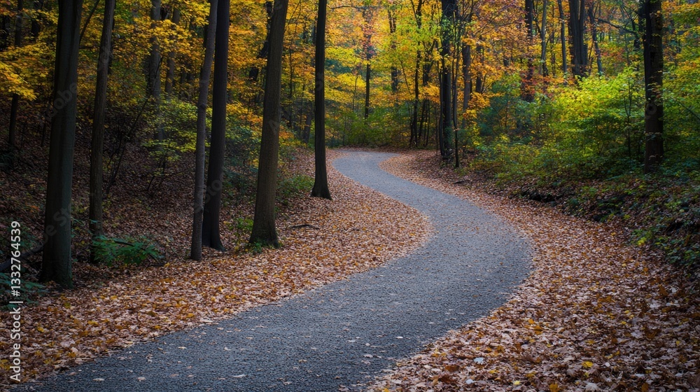 Naklejka premium serene autumn landscape featuring winding trail through vibrant fall foliage crisp leaves covering pathway gently swaying