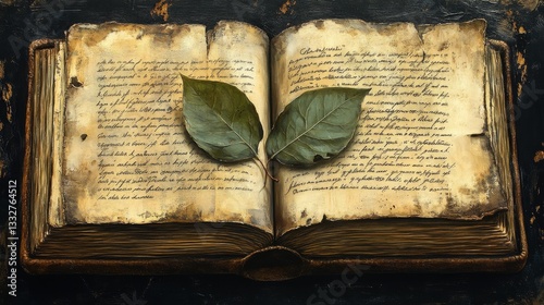 An open old hardcover book with aged yellow pages filled with faded cursive writing and two green leaves