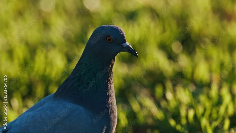 Close up of a pigeon walking outside on a green blurred background Close up of a pigeon walking outside on a green blurred background