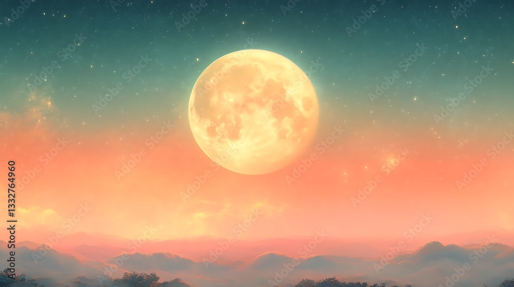 Full Moon Over Misty Mountain Range At Sunset