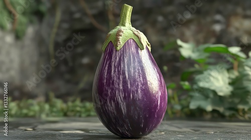 3D illustration of a fresh purple eggplant with a vibrant green stem. Great for designs focused on vegetables, food, and healthy eating. photo