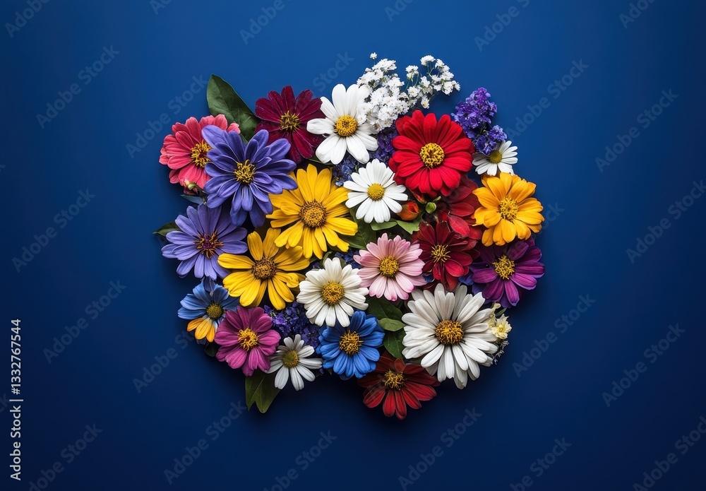 Obraz premium Vibrant Collection of Colorful Flowers on a Bold Blue Background Showcasing a Variety of Petals and Natural Beauty in a Floral Arrangement