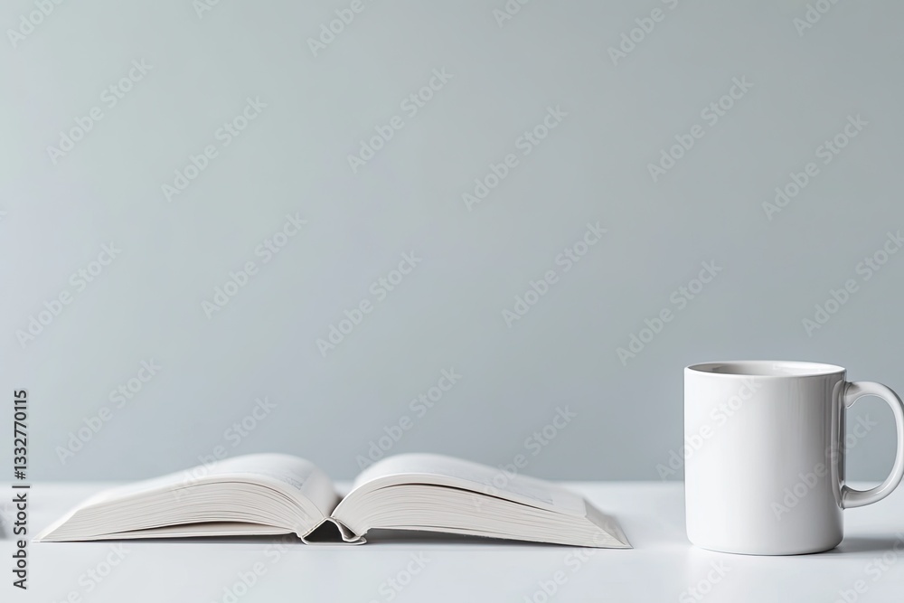 Fototapeta premium serene workspace with open book coffee mug and notebook symbolizing mental growth