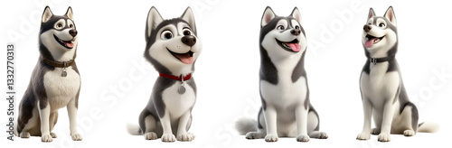 Cute cartoon huskies with happy expressions and friendly demeanor, Isolated on Transparent Background