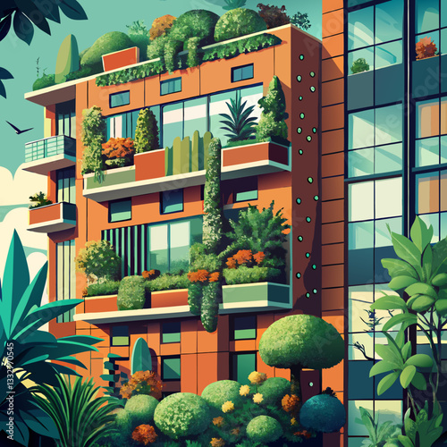 Vibrant illustration of an eco-friendly building with lush greenery and modern design

