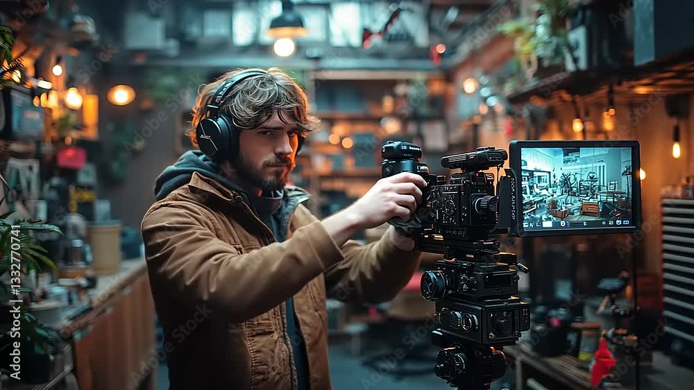 Filmmaker adjusting camera in a cozy studio space Filmmaker adjusting camera in a cozy studio space