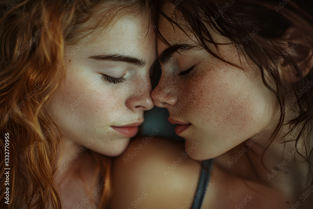 Intimate Artistic Portrait of Two Women with Freckled Skin Touching Noses Amidst Wet Hair and Soft Lighting for Emotional Photography Collections Intimate Artistic Portrait of Two Women with Freckled Skin Touching Noses Amidst Wet Hair and Soft Lighting for Emotional Photography Collections