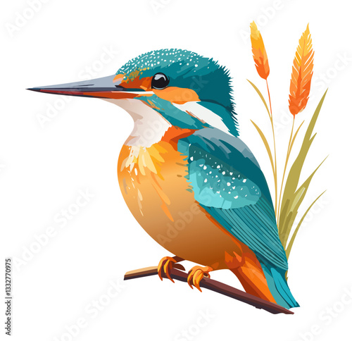 Detail of a kingfisher perched on a reed, with shiny turquoise and orange feathers, precise reflections of light and a soft shadow under the bird, on a minimalistic white background.
