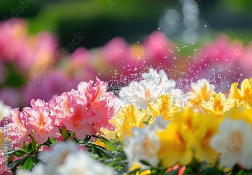 Vibrant Display of Colorful Azalea Flowers in a Garden with Soft Sprinkler Water Spray on a Bright Sunny Day