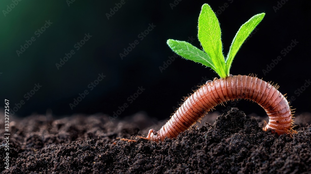 Earthworm Emerging From Soil With Green Sprout in Dark Background Earthworm Emerging From Soil With Green Sprout in Dark Background